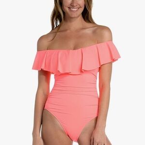 La Blanca Off-Shoulder Ruffle Swimsuit in Coral